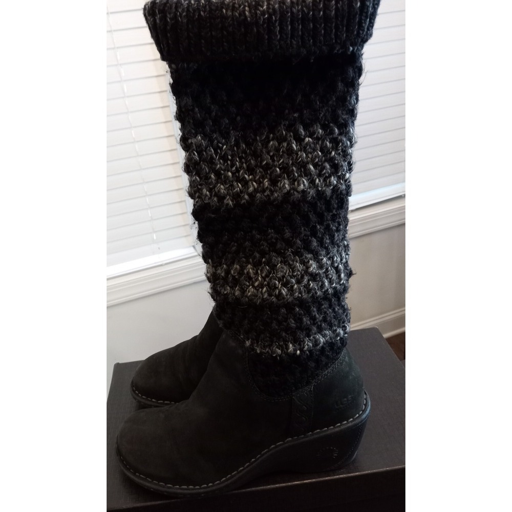 UGG 6 Cresthaven Black Leather Gray Knit Sweater Wedge Tall Boots Style 1935